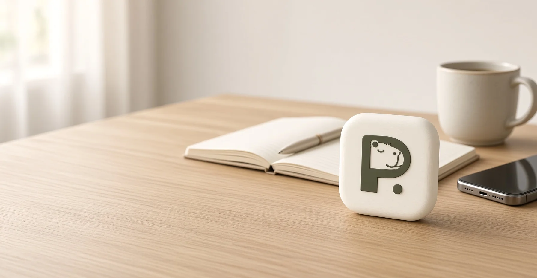 Pauzie device on a wooden desk beside a phone