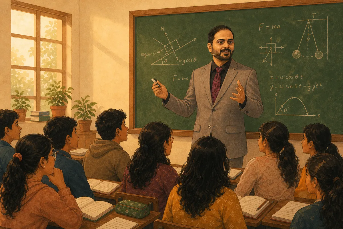 Abhishek teaching a full classroom at a chalkboard.