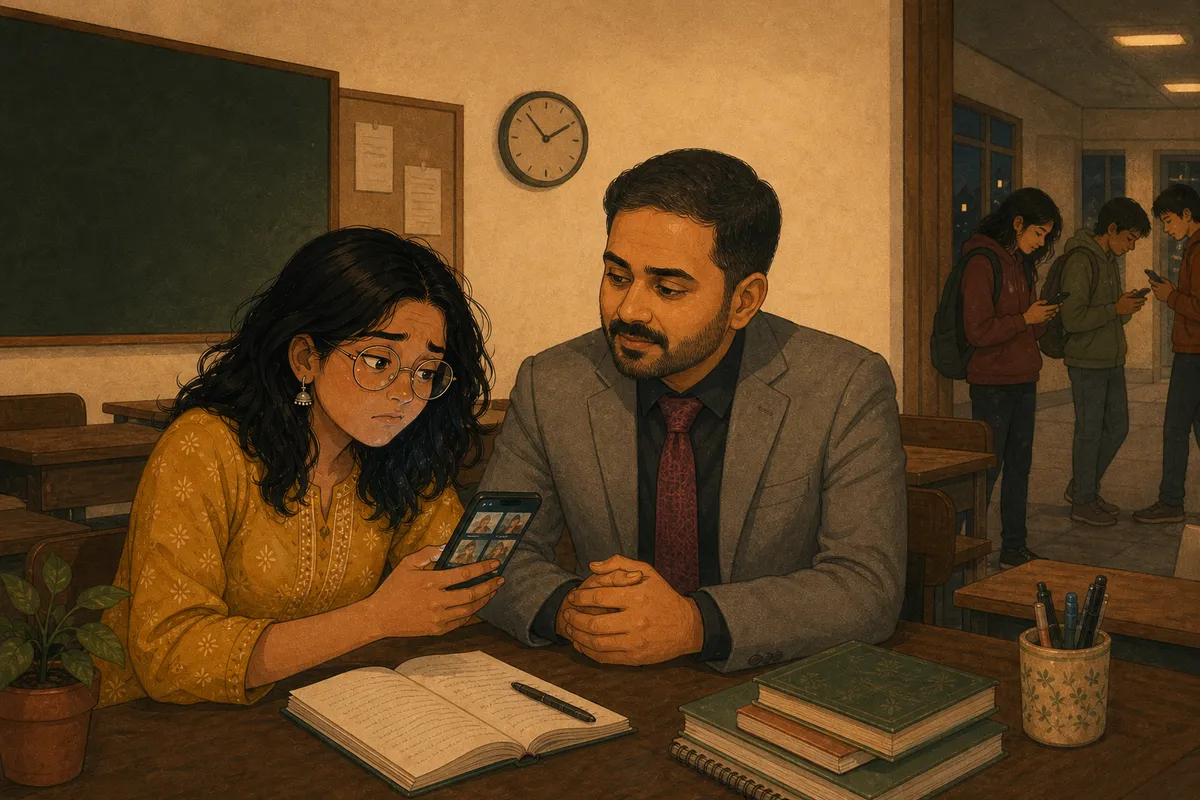 A worried student shows Abhishek her phone full of reels.