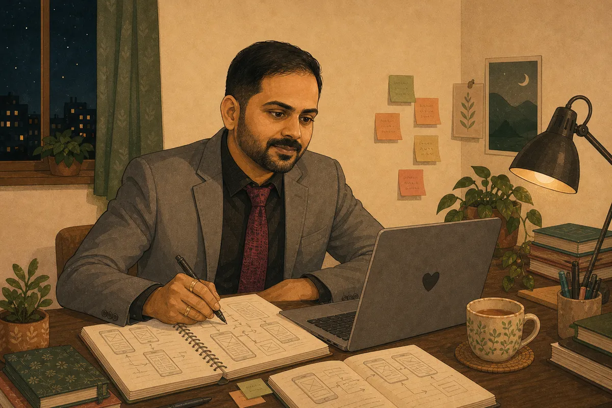 Abhishek building an app late at night.