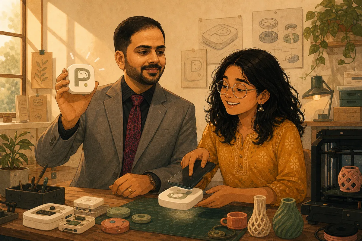 Abhishek holds up the Pauzie Device while a student taps her phone on it.