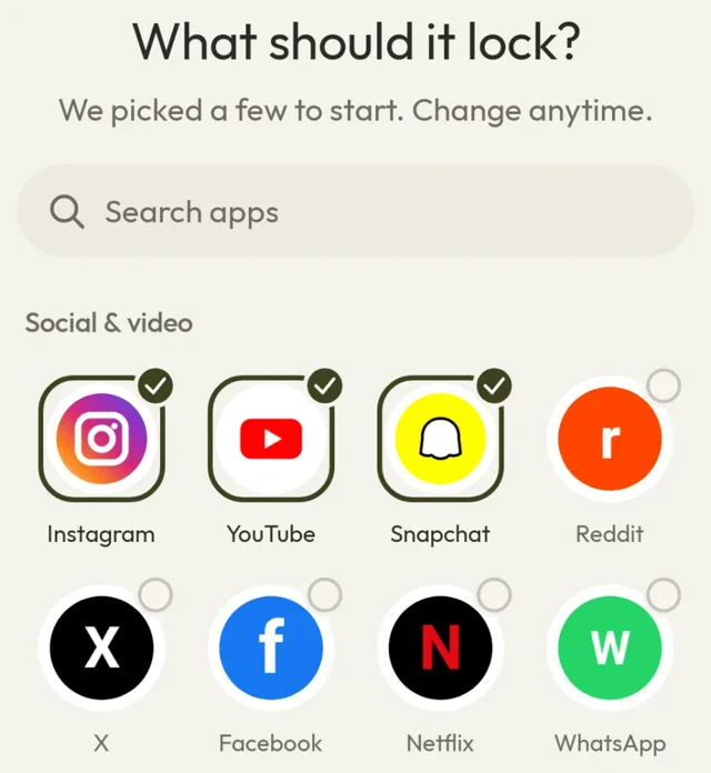 Pauzie Prime screen: What should it lock? Instagram, YouTube and Snapchat ticked
