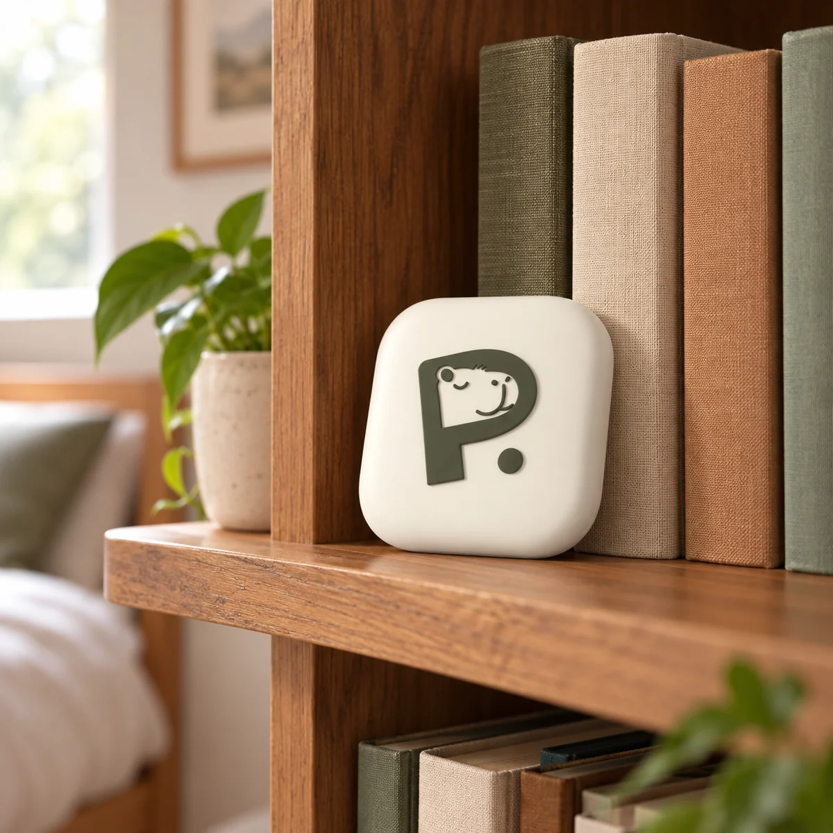 Pauzie device on a bookshelf