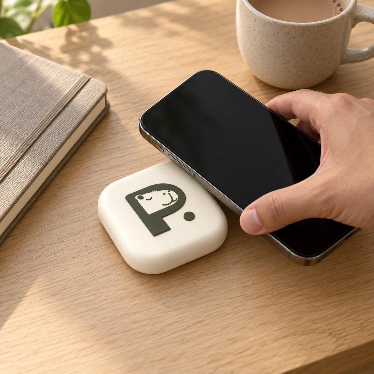 A hand tapping a phone on the Pauzie device
