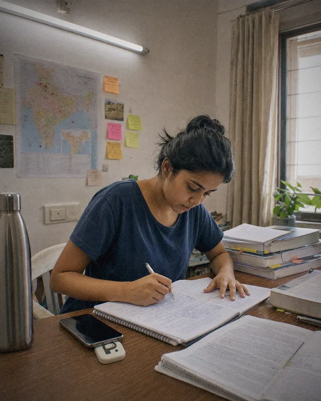 Student studying with notes on the wall