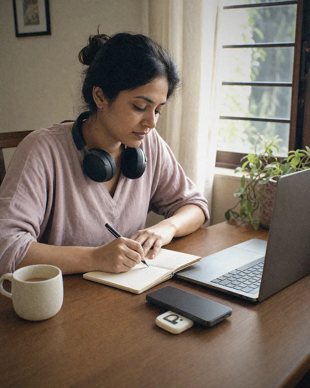 Woman writing at her desk, phone face down beside the device