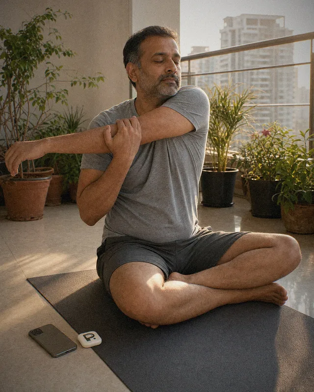 A man stretching on a mat on his balcony in the morning