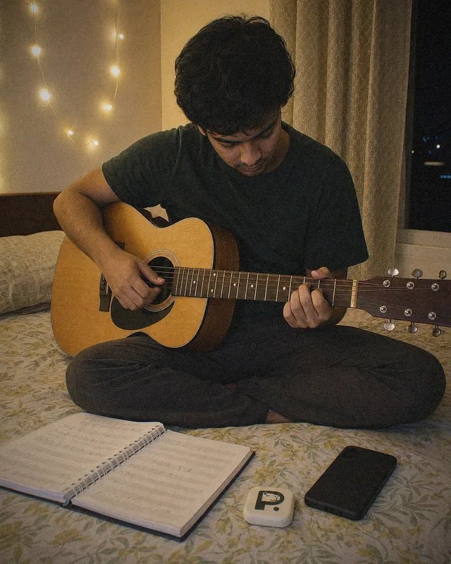 Young man playing guitar on his bed