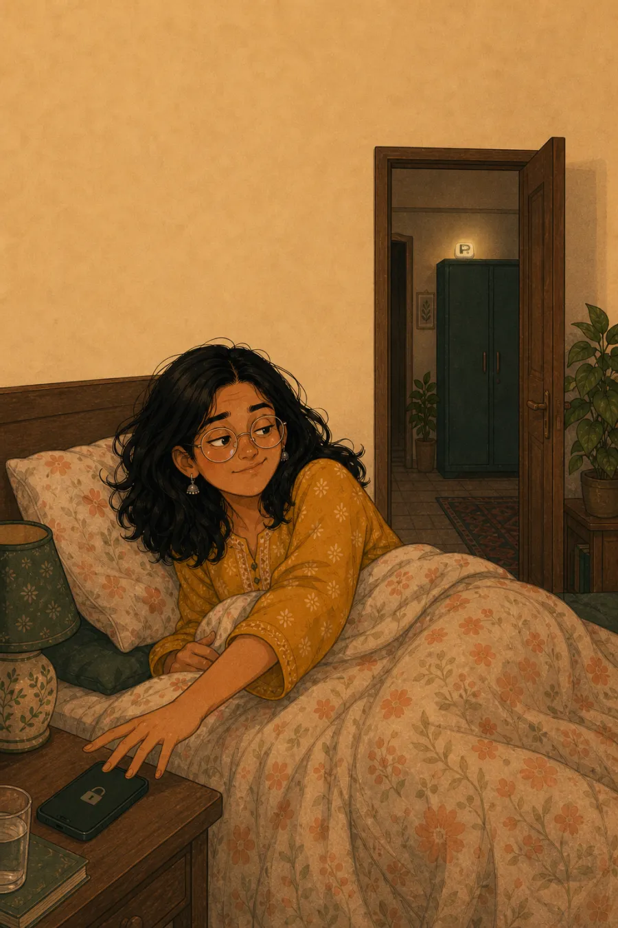 Riya's phone is locked; Pauzie sits on the almirah in the next room, so she sleeps.
